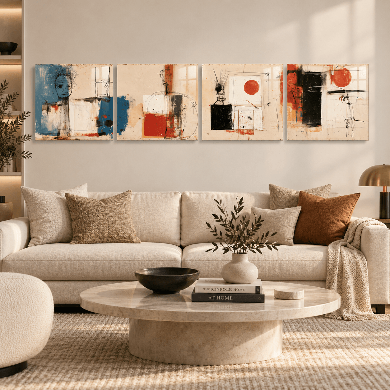 Ink-figure abstract glass panels over a sofa with rust and taupe throw pillows